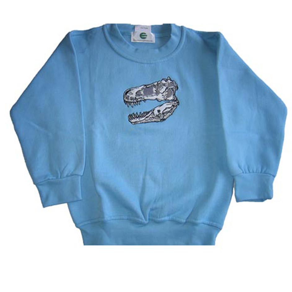 Sky blue T. rex skull sweatshirt.