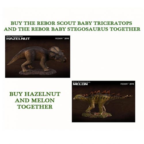 Rebor Melon and Hazelnut baby dinosaur models.