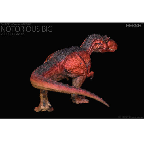 Saurophaganax dinosaur model in posterior view.