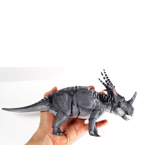 Styracosaurus model held in hand.