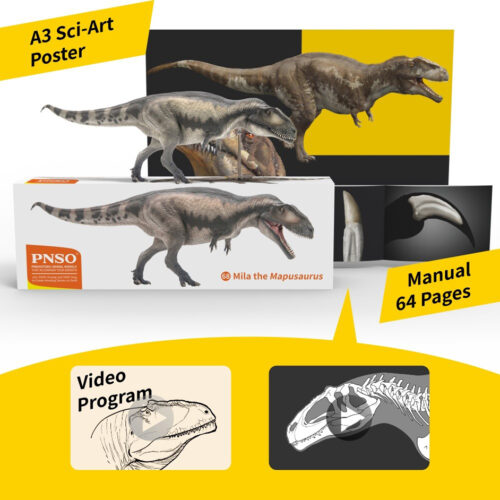 Mapusaurus supplied with Sci-Art poster, clear plastic support stand and 64-page booklet.