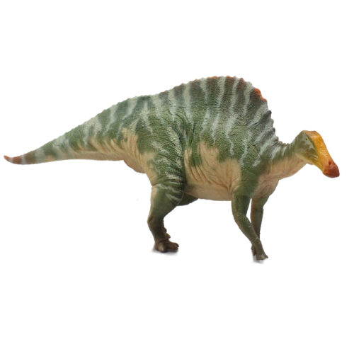 A green dinosaur model (Ouranosaurus).