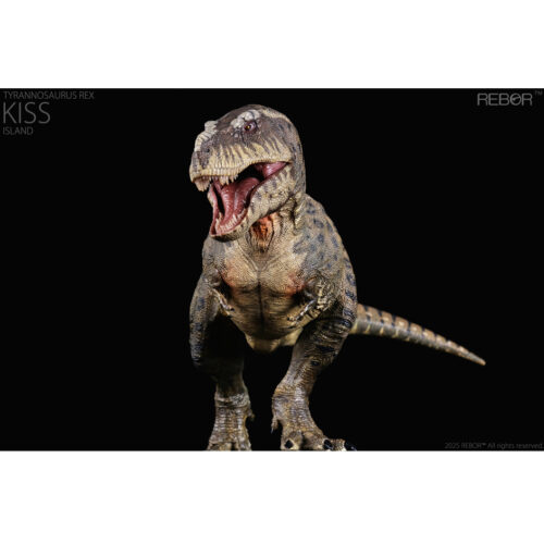 The T. rex model has an articulated lower jaw and a flexible tail.